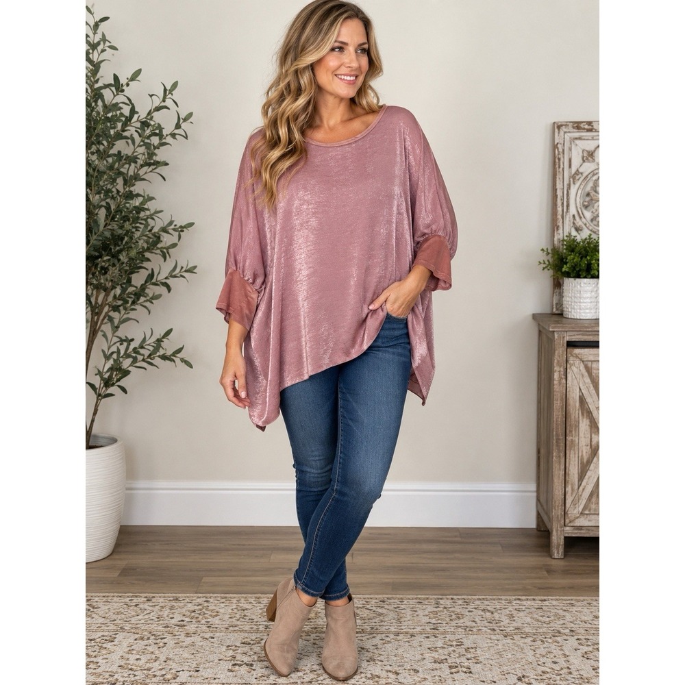 Aunt Wanda Women's Medium Dusty Rose Shimmer Blouse Oversized Flowy Dolman Top